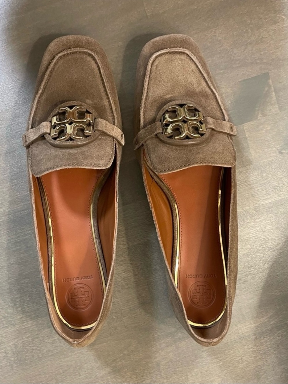 Tory Burch Taupe Suede Logo Medallion Loafers - Picture 2 of 8